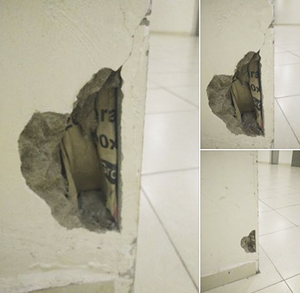 Vết nứt trên tầng 15 thuộc tòa C2A nhà Ecohome 2 bong tróc lòi ra hẳn 1 vỏ bao xi măng. (Ảnh: Sức khỏe đời sống).