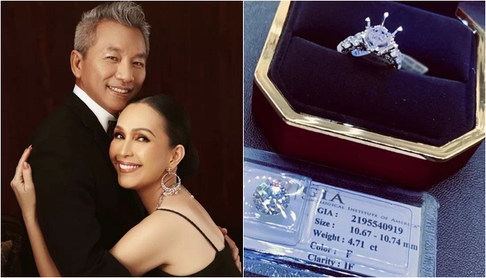 Nhân kỷ niệm 25 năm ngày cưới, doanh nhân Hà Tôn Đức chi hơn 219.000 USD (hơn 5 tỷ đồng) mua tặng bà xã Diễm My chiếc nhẫn kim cương cỡ lớn. Chiếc nhẫn kim cương nữ diễn viên chọn là loại cỡ lớn, trọng lượng gần 5K, nước F, độ trong suốt IF.