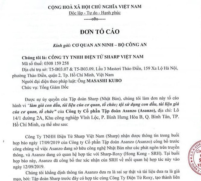 Sharp Việt Nam tố cáo Asanzo lên Bộ Công an.