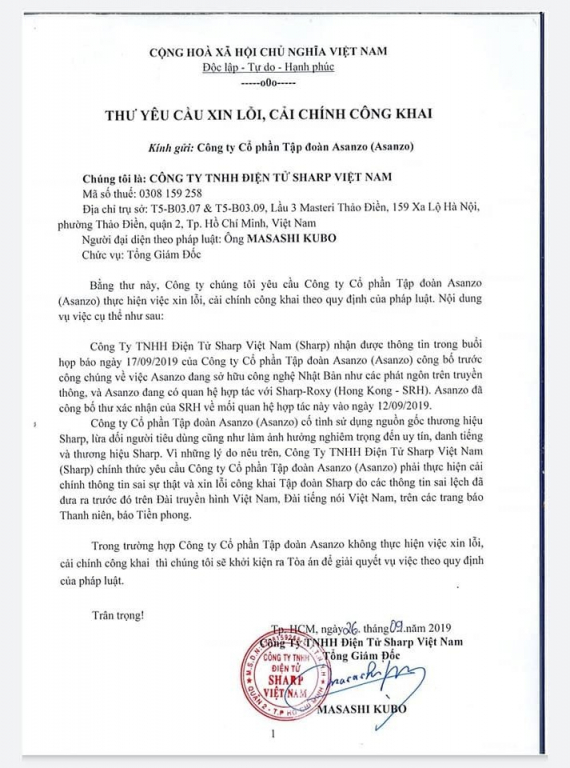 Toàn văn thư Sharp Việt Nam yêu cầu Asanzo xin lỗi, cải chính công khai. (Ảnh: BGT).