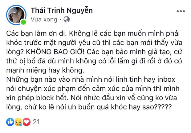 Liên quan tới sự việc bỏ về giữa chừng khi xem MV do bạn trai cũ Quang Đăng đóng chính, Thái Trinh nhận nhiều chỉ trích. Mới đây, cô đã lên tiếng đáp trả. 