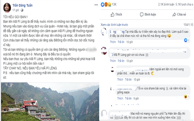 Dòng kêu gọi tẩy chay tòa nhà phá vỡ cảnh quan trên đỉnh Mã Pì Lèng trên Facebook nhà báo Trần Đăng Tuấn được nhiều like và chia sẻ.