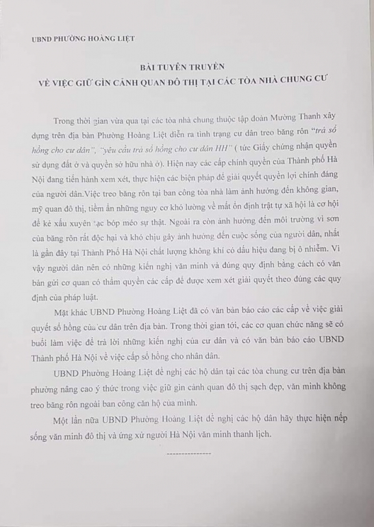 Văn bản lan truyền trên mạng xã hội về việc khuyến cáo người dân HH Linh Đàm không treo băng rôn vì sơn của băng rôn rất độc.