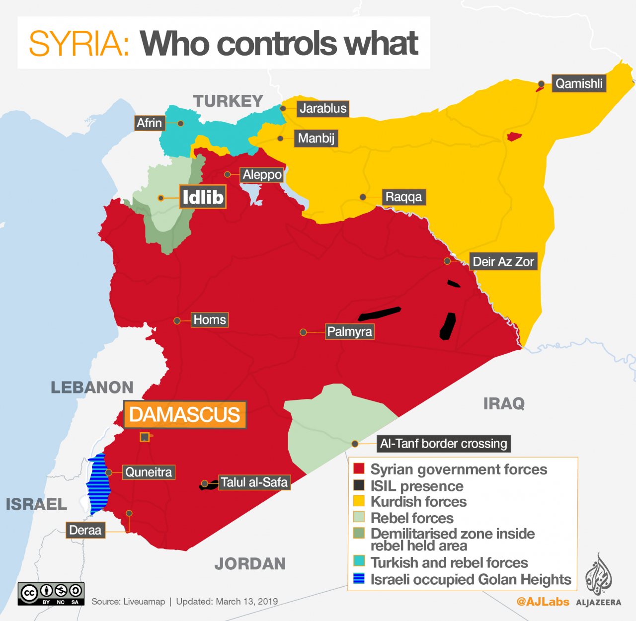 Phần màu vàng là phần người Kurd đang kiểm soát ở phía Bắc Syria.
