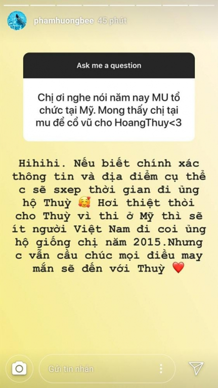 Phạm Hương cho hay sẽ sắp xếp thời gian đến cổ vũ Hoàng Thùy khi dự thi Miss Universe 2019. 