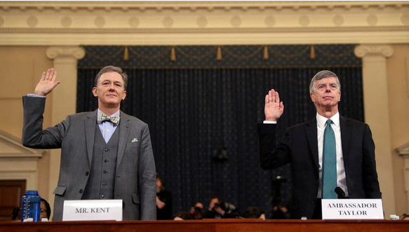 William Taylor - quyền đại sứ Mỹ tại Ukraine và ông George Kent - phó trợ lý ngoại trưởng phụ trách các vấn đề châu Âu và Á Âu, tuyên thệ tại phiên điều trần.