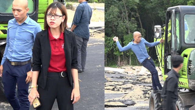 Hình ảnh Huỳnh Tú Trinh cùng nhân viên Alibaba cản trở, đập phá xe của đoàn cưỡng chế. (Ảnh: FB).