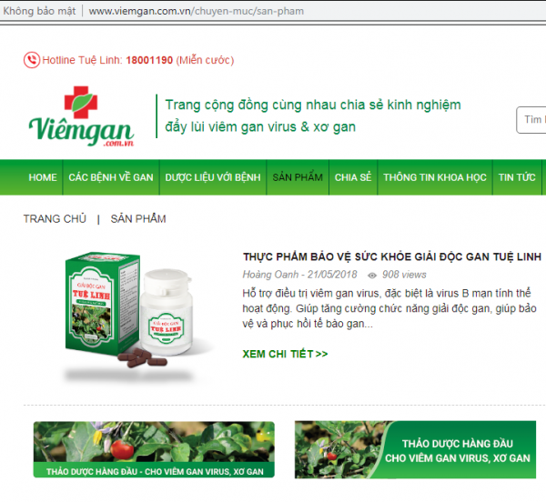 Website viemgan.com.vn vẫn tiếp tục đăng tải các thông tin quảng cáo sản phẩm Giả độc gan Tuệ Linh. (Ảnh: Chụp màn hình).