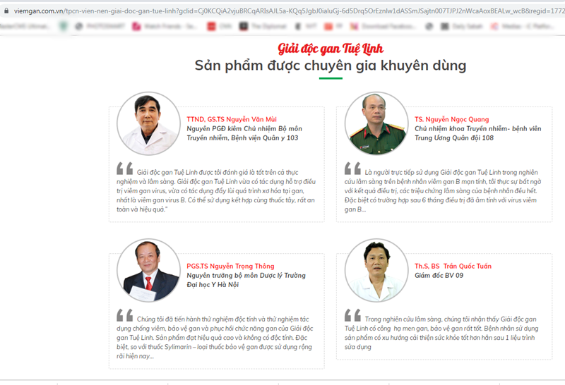 Website viemgan.com.vn quảng cáo Giải độc gan Tuệ Linh sử dụng hình ảnh của các chuyên gia, bác sỹ đầu ngành tại Việt Nam.