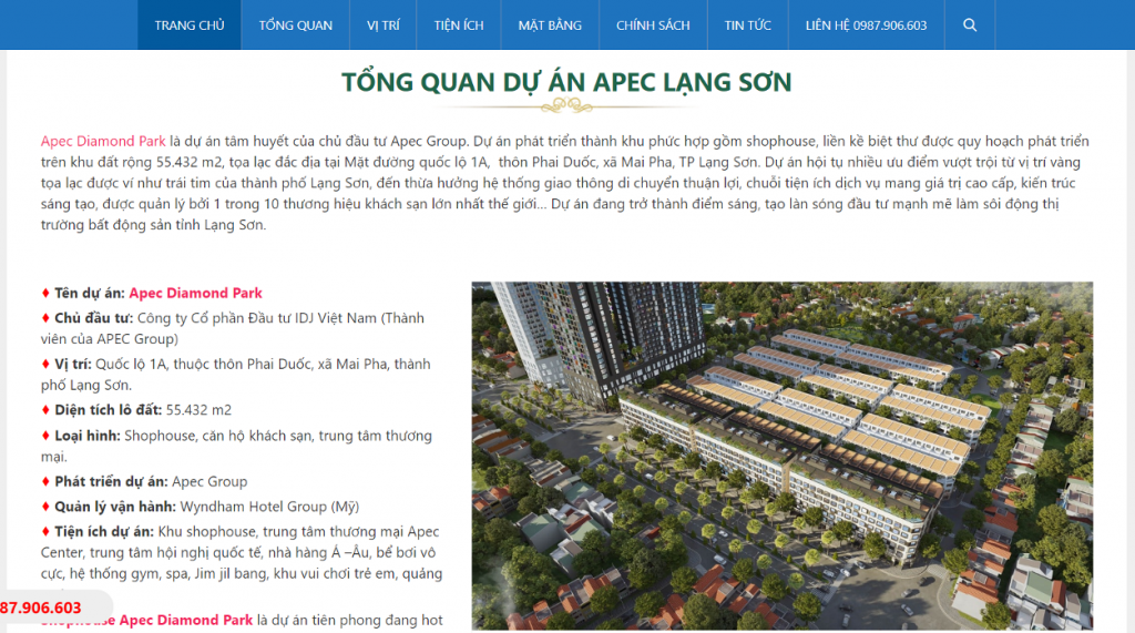 Dự án Apec Diamond Park Lạng Sơn được quảng bá rộng rãi trên mạng với nhiều mỹ từ. (Ảnh: Chụp màn hình).