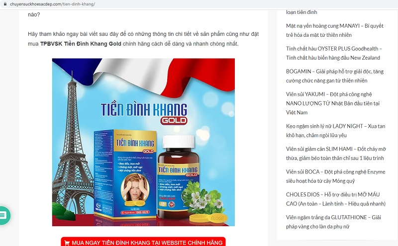 Thực phẩm bảo vệ sức khỏe Tiền Đình Khang Gold quảng cáo trên website https://chuyensuckhoesacdep.com