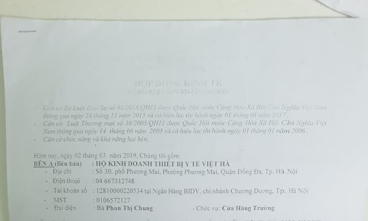 Hợp đồng và thông tin Cửa hàng Thiết bị y tế Việt Hà.