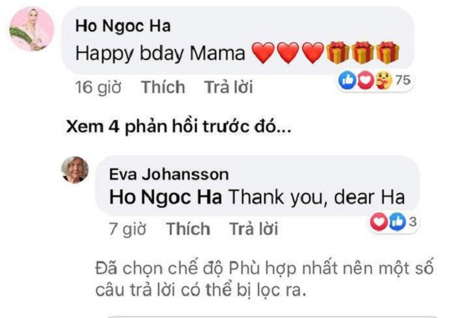 Dưới bài đăng chúc mừng sinh nhật mẹ của Kim Lý, Hồ Ngọc Hà cũng gửi lời chúc mừng tới mẹ bạn trai. Phía dưới phần bình luận, màn tương tác của Hồ Ngọc Hà và mẹ bạn trai khiến dân mạng chú ý.