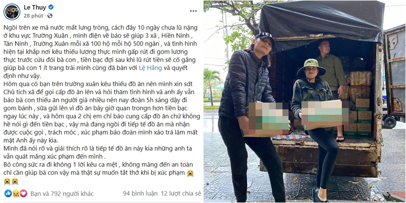 Đoàn cứu trợ của người mẫu Lê Thúy bị trách móc, xúc phạm, bị nhận xét 'từ thiện xảo trá' chỉ vì... phát đồ ăn cứu trợ mà không kèm theo tiền
