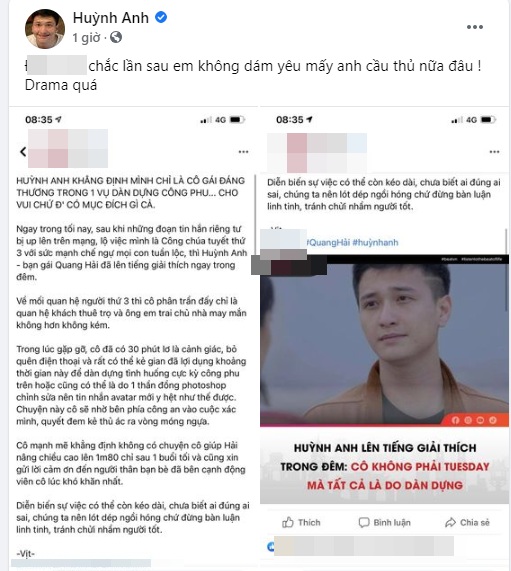Diễn viên Huỳnh Anh bị lôi vào ồn ào 'Huỳnh Anh cắm sừng Quang Hải'