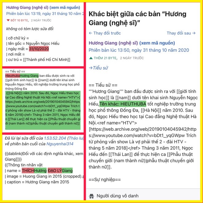Hương Giang bị chỉnh sửa tiểu sử, báo tử trên Wikipedia