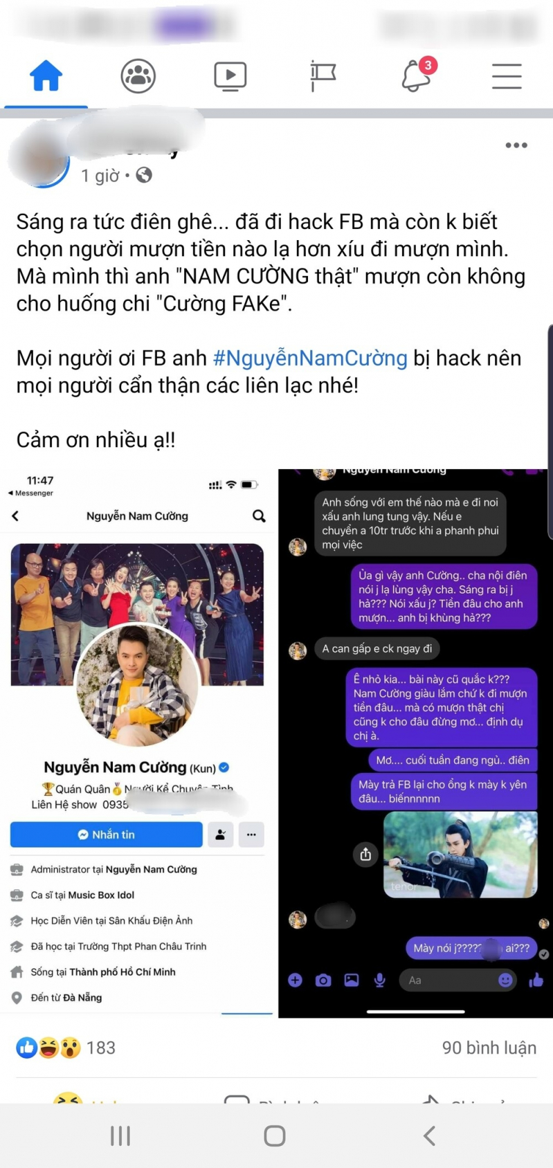 Ca sĩ Nam Cường bị hack Facebook, mượn tiền không được quay sang chửi tục