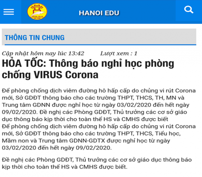 Thông báo cho học sinh nghỉ học phòng chống dịch Virus corona của Hà Nội.