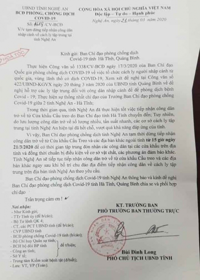 Công văn về việc tạm dừng tiếp nhận công dân nhập cảnh về các khu cách ly tập trung ở Nghệ An khiến nhiều người lo lắng.
