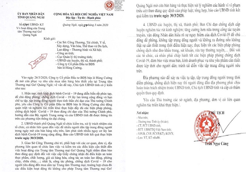 Văn bản hỏa tốc của tỉnh Quảng Ngãi yêu cầu xử lý trách nhiệm trong vụ BigC Go Quảng Ngãi. (Ảnh: Dân Việt).