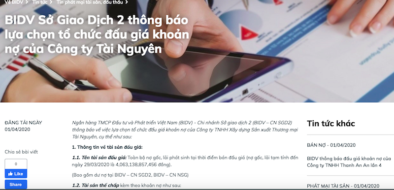 Ngân hàng TMCP Đầu tư và Phát triển Việt Nam (BIDV) vừa có thông báo về việc lựa chọn tổ chức đấu giá khoản nợ của Công ty Tài Nguyên.