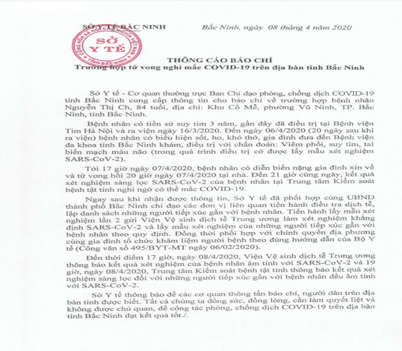 Thông cáo báo chí tỉnh Bắc Ninh bác tin bệnh nhân bị chết liên quan tới Covid-19.