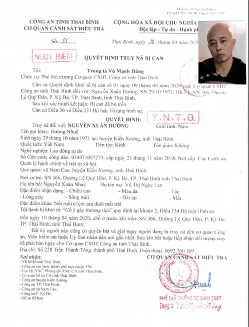 Công an tỉnh Thái Bình ra quyết định truy nã Nguyễn Xuân Đường (Đường Nhuệ).