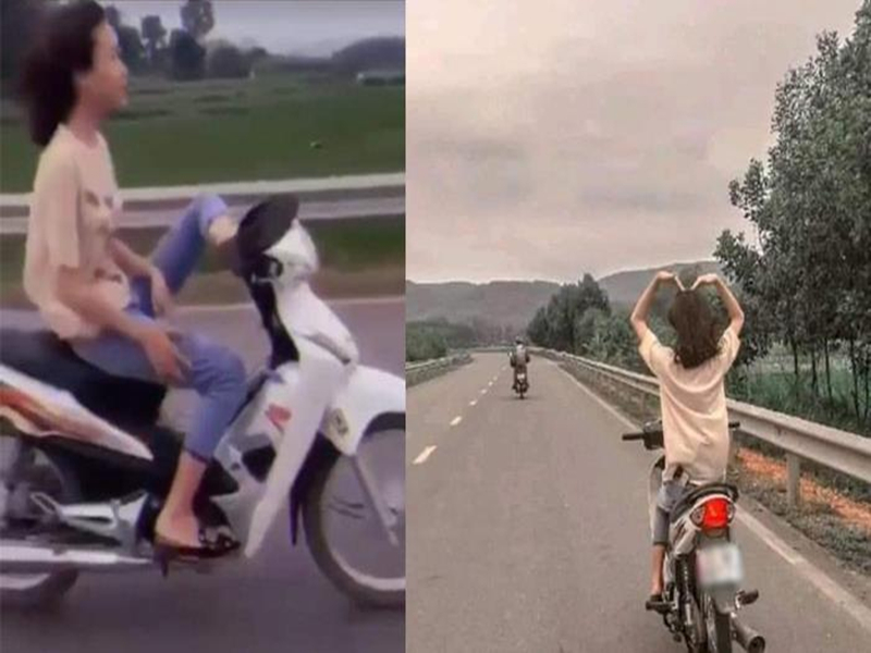 Hình ảnh nữ sinh Tuyên Quang lái xe bằng chân, 2 tay vòng trái tim gây xôn xao cộng đồng mạng.