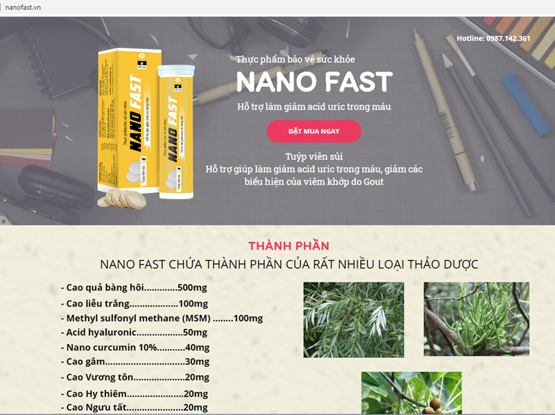 Thông tin sản phẩm trên website chính thức của Công ty (Nanofast.vn).