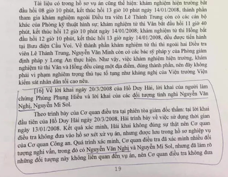 Quyết định số 05/2020/HS-GĐT ngày 8/5/2020 về Kết quả phiên giám đốc thẩm xét xử Vụ án Hồ Duy Hải nhắc rõ tên Nguyễn Văn Nghị.