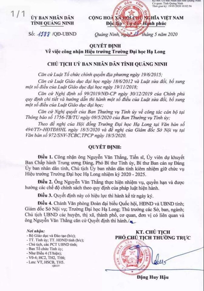 Quyết định của Ủy ban Nhân dân tỉnh Quảng Ninh về Hiệu trưởng Trường Đại học Hạ Long.