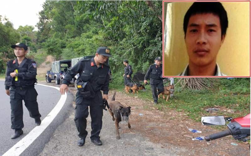 Lực lượng chức năng dùng chó nghiệp vụ truy bắt Triệu Quân Sự.