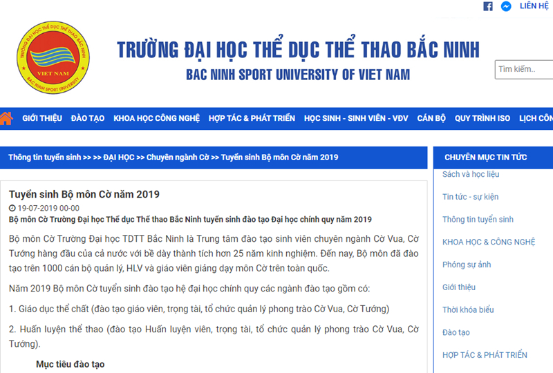 Thông tin tuyển sinh chuyên ngành cờ Vua, cờ Tướng của Trường ĐH TTTT Bắc Ninh.