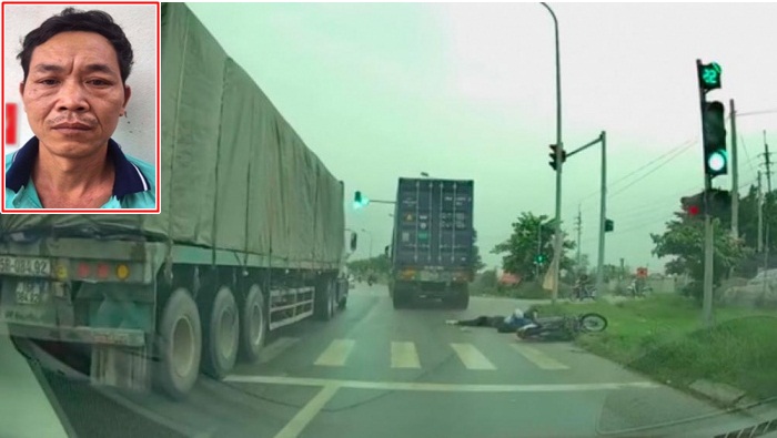 Tài xế container Nguyễn Xuân Tỵ (ảnh trái) và hiện trường vụ tai nạn khiến nữ sinh tử vong trên địa bàn huyện Mê Linh.
