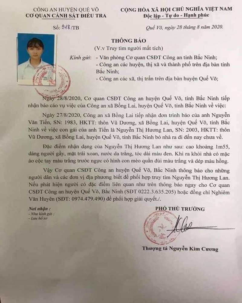 Thông báo tìm nữ sinh Bắc Ninh mất tích.
