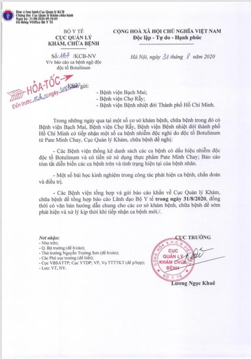 Công văn hỏa tốc của Bộ Y tế yêu cầu 3 bệnh viện báo cáo về vụ việc bệnh nhân ngộ độc do ăn Pate Minh Chay.