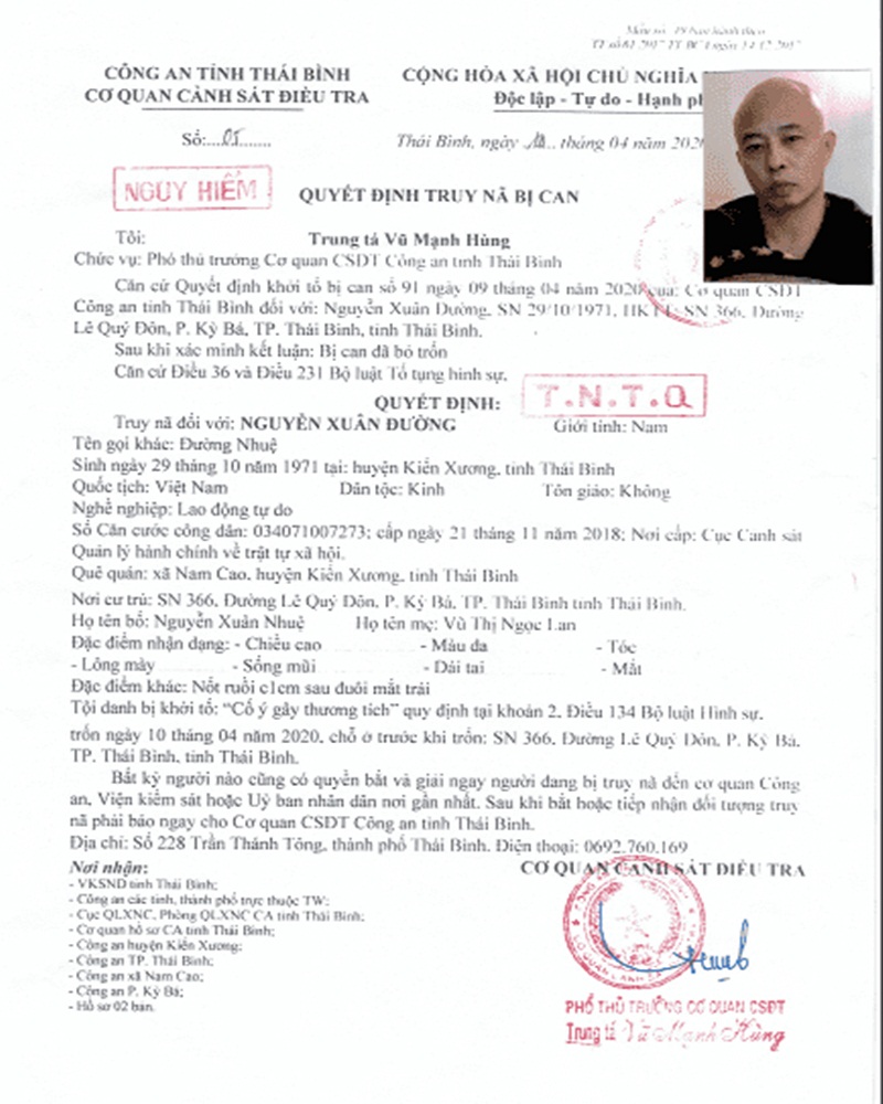 Quyết định truy nã Nguyễn Xuân Đường (Đường Nhuệ).