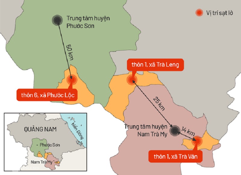 3 vụ sạt lở vùi lấp nhiều người ở Nam Trà My và Phước Sơn (Quảng Nam). (Đồ họa: Tiến Thành/VNE).