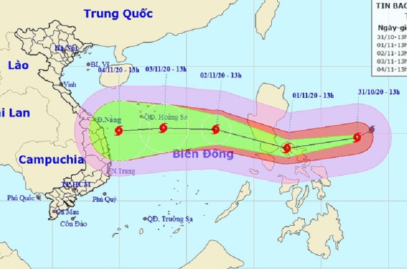 Bão lũ miền Trung: Đường đi dự kiến của siêu bão Goni.
