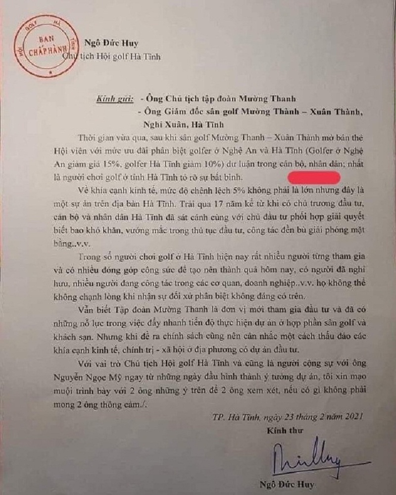 Văn bản của Chủ tịch Hội golf Hà Tĩnh gửi đại gia Lê Thanh Thản gây xôn xao.