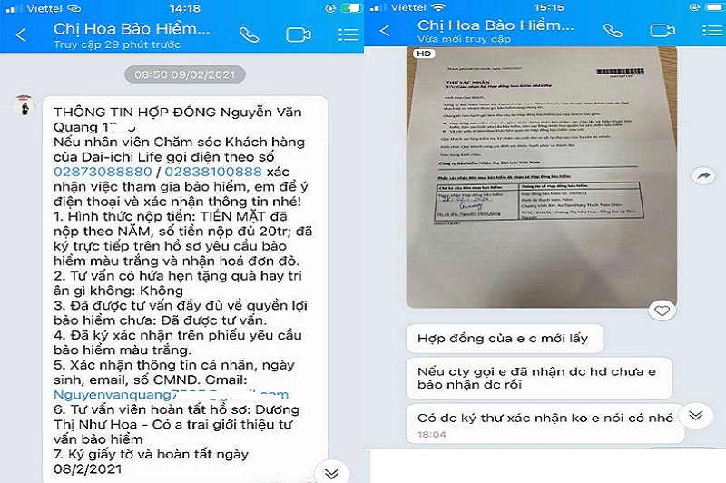 Những tin nhắn giữa khách hàng và nhân viên tư vấn bảo hiểm Dai-ichi Việt Nam.