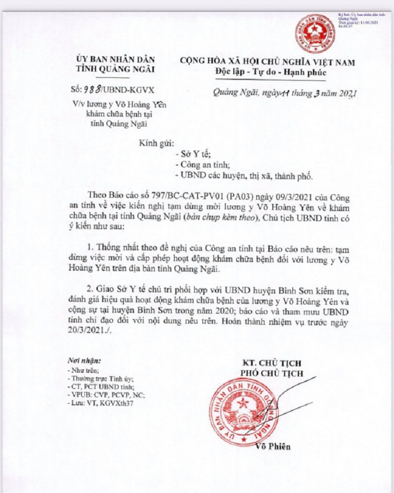 Văn bản của UBND tỉnh Quảng Ngãi về việc tạm dừng việc mời và cấp phép hoạt động khám chữa bệnh cho ông Võ Hoàng Yên.