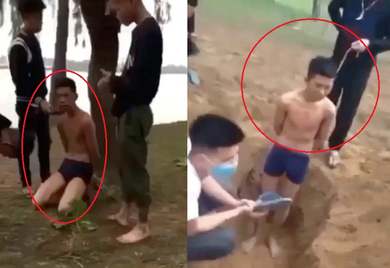 Hình ảnh nam thanh niên bị nhóm người trói tay, đào hố chôn sống gây xôn xao cộng đồng mạng. (Ảnh cắt từ clip).