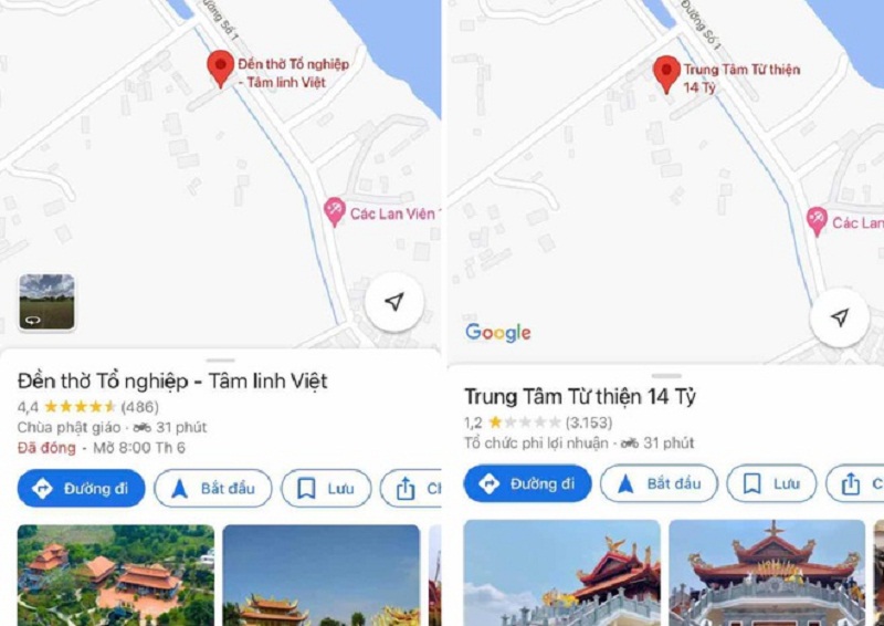Trên Google Maps, đền thờ của Hoài Linh xuất hiện 2 cái tên khác nhau. (Ảnh: Chụp màn hình/Zing.vn).