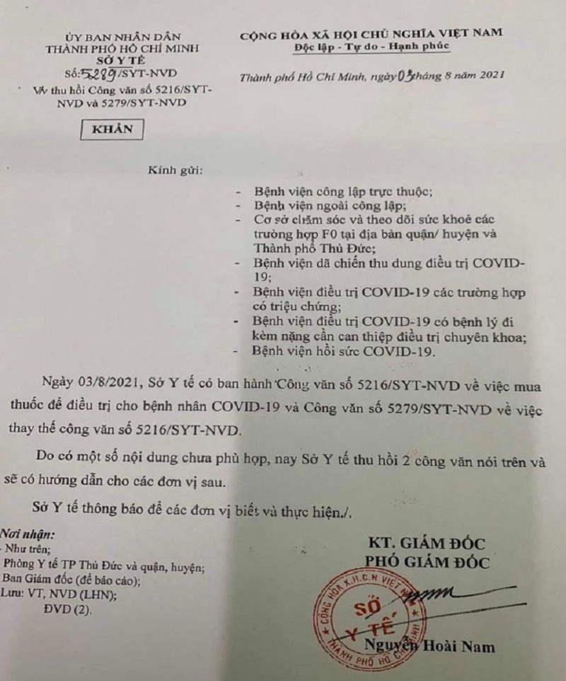 Phó giám đốc Sở Y tế lần thứ 3 ban hành công văn (số 5289) tiếp tục thu hồi hai công văn đã ban hành trước đó.