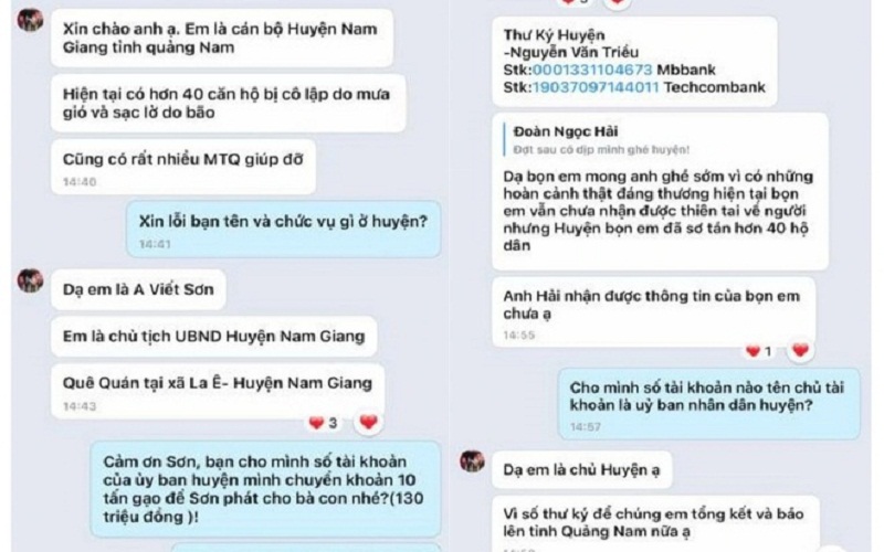 Tin nhắn của đối tượng mạo danh ông A Viết Sơn - Chủ tịch UBND huyện Nam Giang gửi xin gạo của ông Đoàn Ngọc Hải.