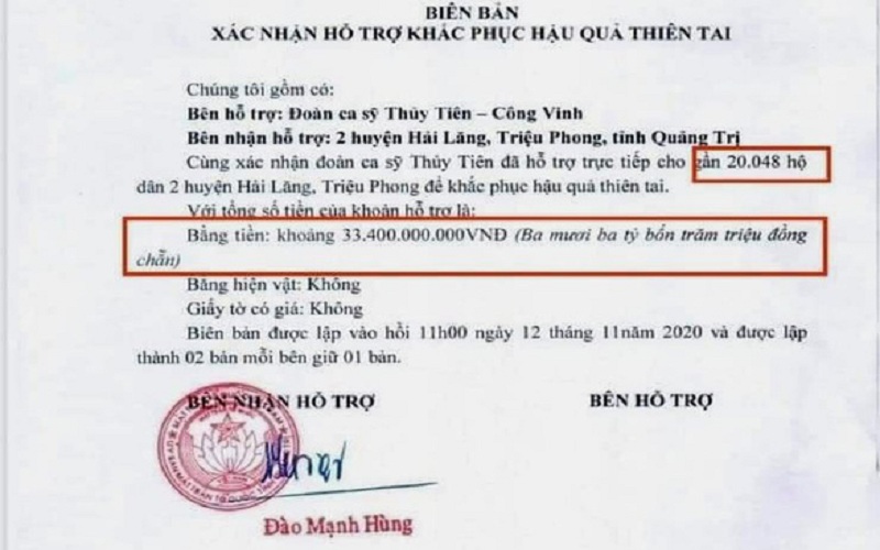 Biên bản xác nhận việc tiếp nhận tiền hỗ trợ của ca sĩ Thủy Tiên do Ủy ban Mặt trận Tổ quốc Việt Nam tỉnh Quảng Trị lập lưu truyền trên mạng là có thật. (Ảnh: Tuổi Trẻ TP HCM).