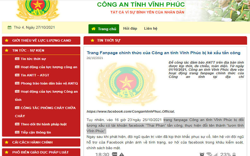 Thông tin từ Công an Vĩnh Phúc về việc Trang Fanpage bị kẻ xấu tấn công.
