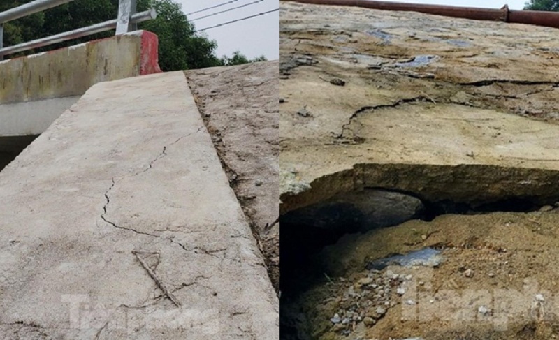 Cây cầu xuất hiện nhiều vết nứt chỉ sau 4 tháng đi vào sử dụng. (Ảnh: Tiền Phong).