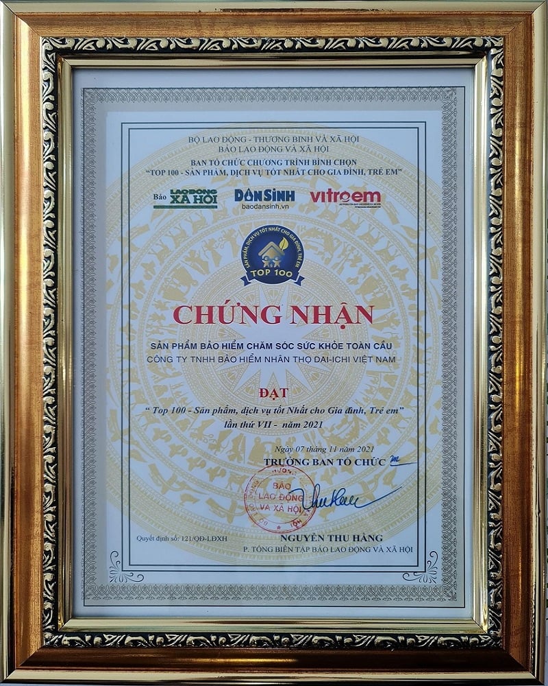 Dai-ichi Life Việt Nam được vinh danh 'Top 100 - Sản phẩm, Dịch vụ tốt nhất cho Gia đình, Trẻ em' năm 2021.